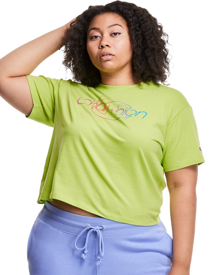 Champion Womens T-Shirt NZ - Plus Lightweight Cropped Rainbow Logo Green ( 2091-BZUFA )